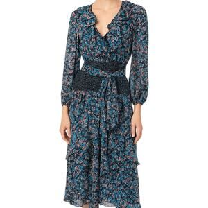 Vintage Diane Freis Ruffle Maxi Dress 80s Floral Tiered Waist Tie Blue Black L